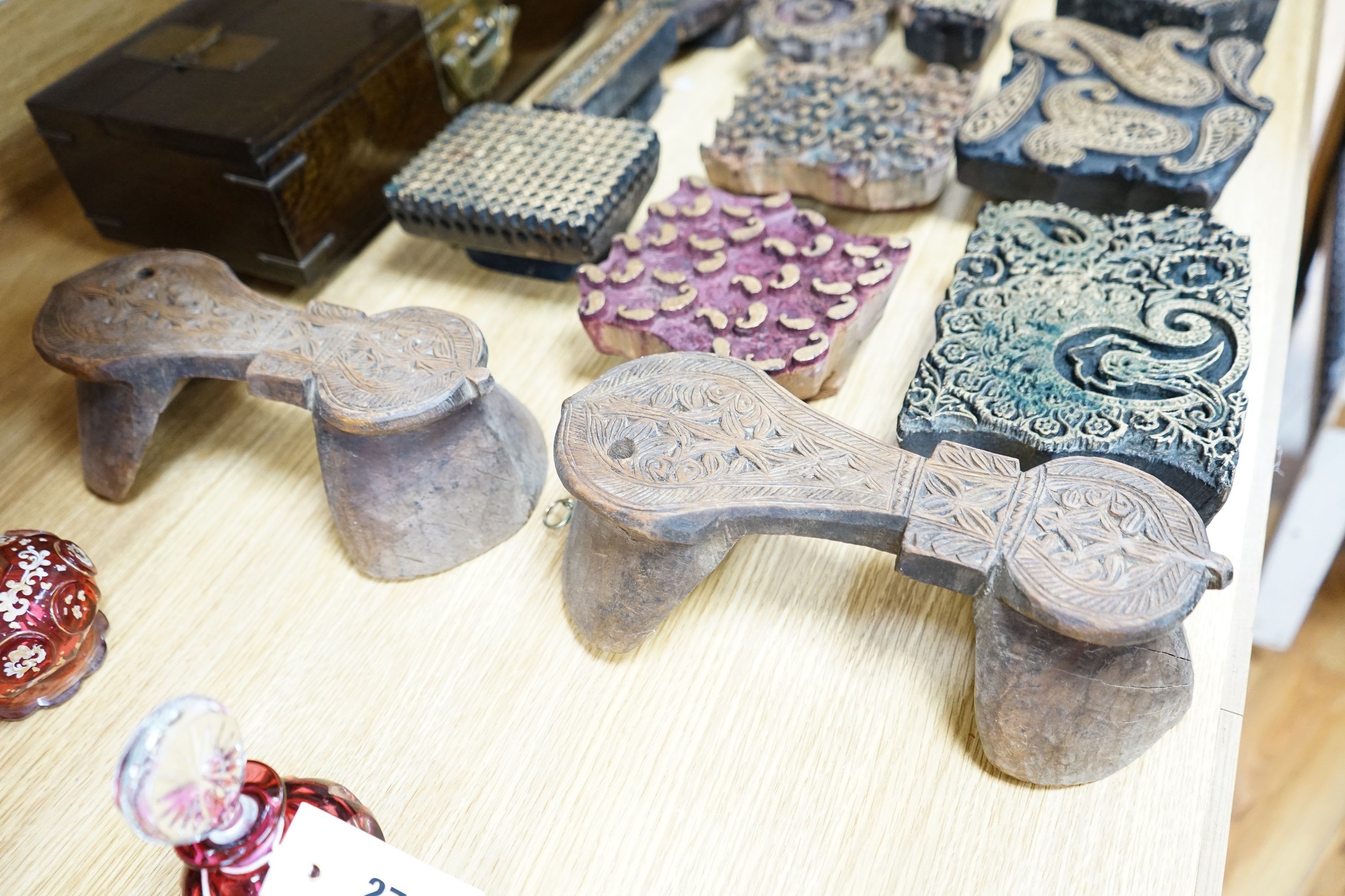A mixed group of Indian fabric printing blocks and a Chinese wood box, 40.5cm